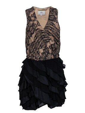 Madison Marcus Merriment Beige & Black Lace Print Sleeveless Silk Dress